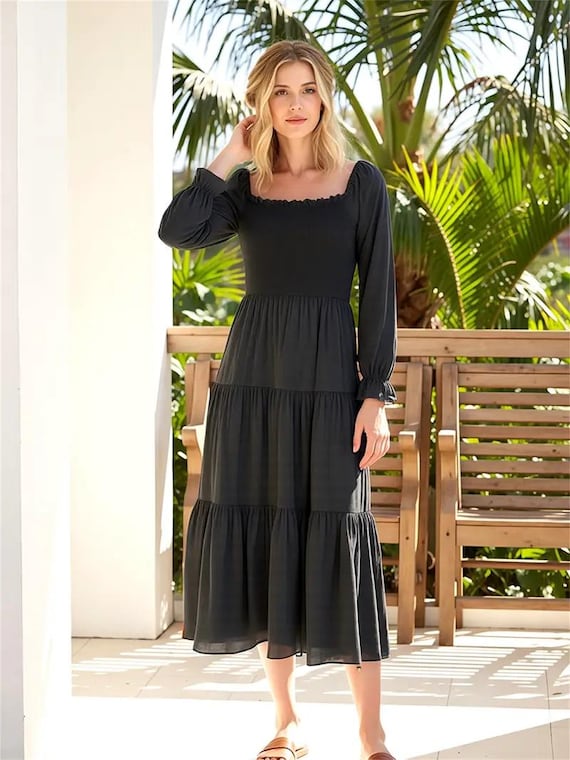square neck black dress long sleeve Wholesale MOQ6 Square Neck Long Sleeve Dress