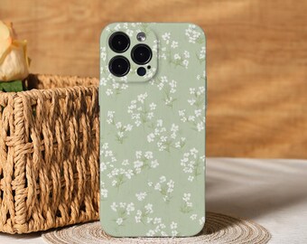 Green Floral Aesthetic Phone Cover for iPhone 17, 16, 15, 14, 13, 12, Air Pro Max Xs, 13 12 Mini Case, Trendy Phone Case