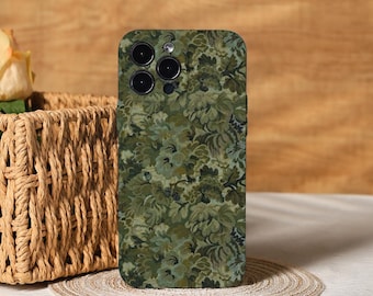 Retro Green Flowers Aesthetic Phone Cover for iPhone 17, 16, 15, 14, 13, 12, 11 Pro Max Xs, 13 12 Mini Case, Trendy Phone Case