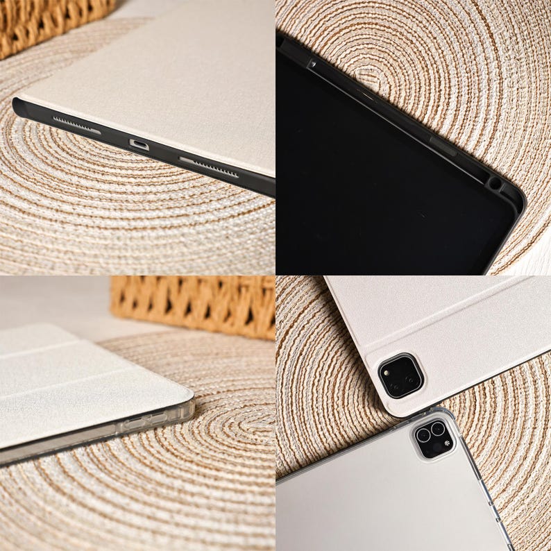 May include: A light beige tablet case with a black border. The case is shown from multiple angles, revealing the details of the design and the tablet's features. The case is shown on a beige woven surface.