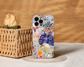Cute Kitten Vintage Art Collage Esthetic Phone Cover voor iPhone 17, 16, 15, 14, 13, 12, 11 Pro Max Xs, 13 12 Mini-hoesje, trendy telefoonhoesje, trendy telefoonhoesje
