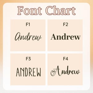 May include: A font chart displaying four different font styles for the name "Andrew". The text "Font Chart" is at the top. Each font style is labeled F1 through F4, with the name "Andrew" written in each style. The background is a light peach color.