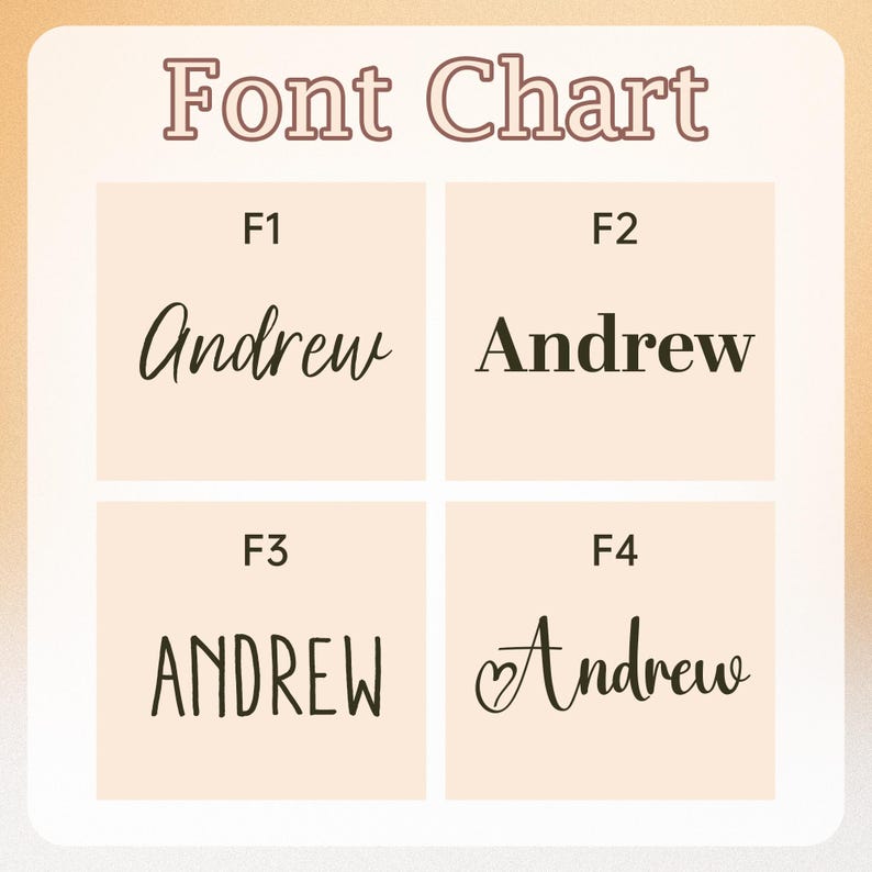 May include: A font chart displaying four different font styles for the name "Andrew". The text "Font Chart" is at the top. Each font style is labeled F1 through F4, with the name "Andrew" written in each style. The background is a light peach color.