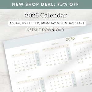 2026 Minimalist Calendar: One Page Planner, A4/A5/US Letter (Digital PDF Template)
