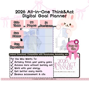 May include: A digital goal planner for 2026 with a cute theme, 97 pages, and 17 sections. The planner is fully hyperlinked and easy to use. It is compatible with Goodnotes, Notability, and other apps. The planner helps users finish yearly goals, achieve more, and balance life.