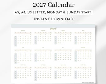 2027 Yearly Calendar Printable: Minimalist One Page Planner (PDF Download A4/A5/US Letter)