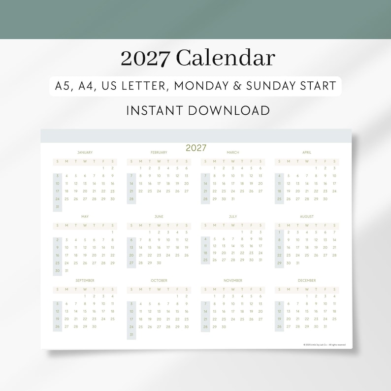 2027 Yearly Calendar Printable: Minimalist One Page Planner (PDF