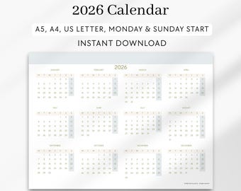 2026 Year At-A-Glance Calendar, Minimalist Printable (Digital Download)