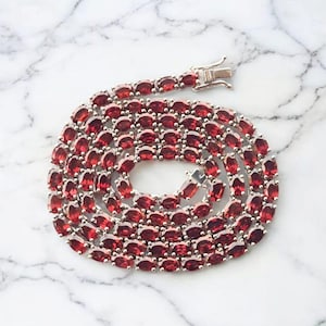 Natural Oval  cut Garnet Tennis Necklace in Sterling Silver, January Birthstone Necklace, Garnet Tennis Necklace.