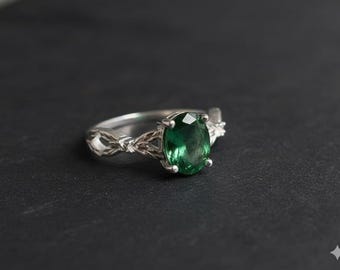 Anillo solitario ovalado de esmeralda, anillo de plata de ley, piedra de nacimiento de mayo