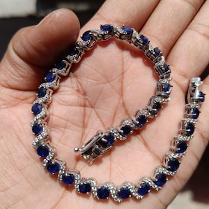 Blau Saphir & Moissanit Tennis Armband: Sterling Silber September Geburtsstein