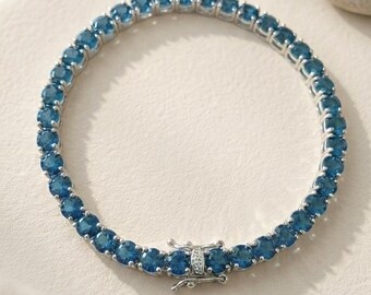 London Blue Topaz Sterling Silver Tennis Bracelet, December Birthstone