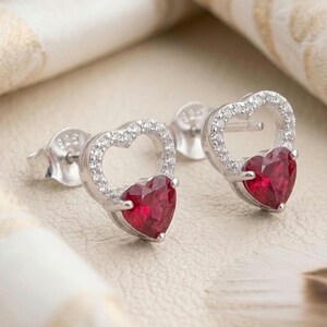 Natural Ruby Heart Stud Earrings, 925 Sterling Silver Heart Shape Gemstone Earrings, Silver Love Earrings, Dainty Romantic Jewelry, Gift for