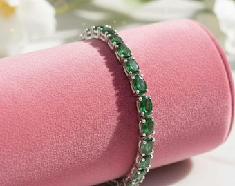 Oval Chrome Diopside Sterling Silver Tennis Bracelet, Deep Green Gemstone, Minimalist Jewelry