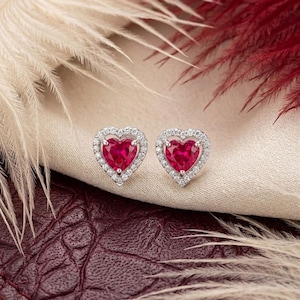 Pendientes de botón de corazón de rubí natural, pendientes de piedra preciosa en forma de corazón de plata de ley 925, pendientes de amor de plata, joyería romántica delicada, regalo para