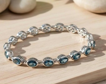 Oval London Blue Topaz Tennis Bracelet, Sterling Silver, December Birthstone