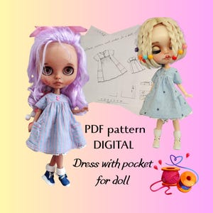 May include: Two dolls wearing handmade dresses with pockets are featured in this image. The dresses are blue and white striped, and one has star accents. A pattern and the text "PDF pattern DIGITAL Dress with pocket for doll" are also visible.