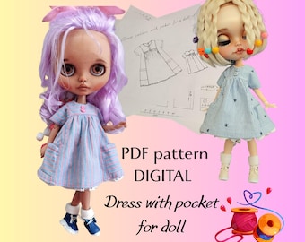 Patrón de costura PDF Vestido con bolsillos para cuerpo de muñeca de moda