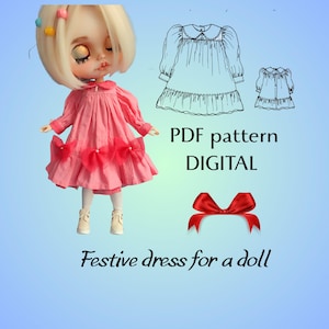 Könnte beinhalten: Eine Puppe in einem rosa Festkleid mit roten Schleifen. Das Bild zeigt eine Skizze des Kleides, eine rote Schleife und den Text "PDF pattern DIGITAL" und "Festive dress for a doll".