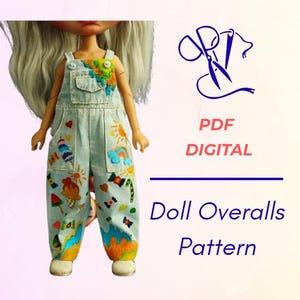 May include: A doll wearing light blue overalls with colorful, whimsical designs including ice cream cones, rainbows, and suns. The overalls have a front pocket and are decorated with various patches. The image also includes text that says "PDF DIGITAL Doll Overalls Pattern."