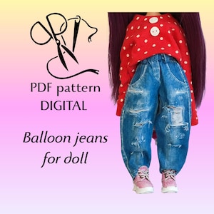 May include: A doll wearing a red polka dot sweater and distressed blue balloon jeans. The doll is also wearing pink sneakers. The image includes text that reads "PDF pattern DIGITAL" and "Balloon jeans for doll."