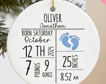 Personalized Baby Birth Stats Ceramic Ornament, Custom Name Newborn Keepsake, Birth Announcement Ornament, Baby Boy Footprints