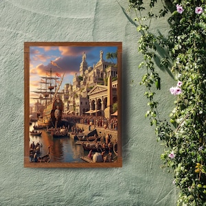 Ancient Port City Wall Art Historical Ship Harbor Scene Digital Poster