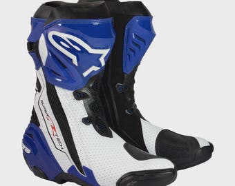 Pro motorbike riding boots blue white & black | street racing motorcycle shoes | breathable wear resistant boots