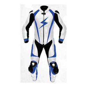 New Motorcycle Leather Outfit Suit Cowhide Racing Suit Leather Racing Suit Racing Leather complete Suit white+Black blue