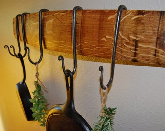 Wine Stave Utility Pot Rack with Adjustable Hand Forged Iron Hooks, Kitchen Decor, Kitchen Storage, Gifts For Him, Gifts For Her