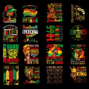 Può includere: Una collezione di grafiche a tema Juneteenth su sfondo nero. I disegni presentano ritratti, testo e date, tra cui "June 19th 1865" e "Black American Freedom". I colori includono rosso, verde, giallo e nero.