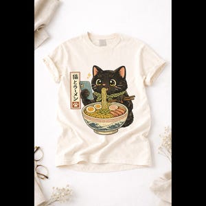 Black cat eating ramen | T-Shirt, kawaii, cute, Gift for cat lovers