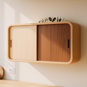 Handcrafted Solid Wood Floating Cabinet: Walnut Sliding Doors