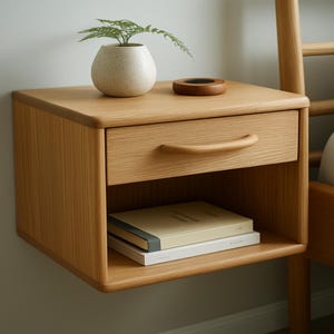 Mesita de noche flotante de roble artesanal: mesita de noche minimalista de pared