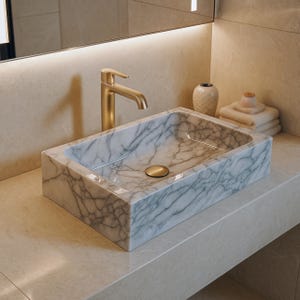 Luxury Rectangular Carrara Marble Sink, White Marble Vessel Sink, Modern Stone Bathroom Basin, Elegant Countertop Vanity Sink