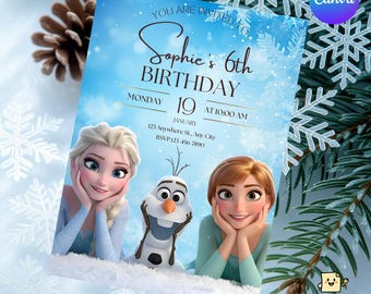 Frozen Birthday Invitation, Elsa Anna Olaf Party Invite, Editable Birthday Card, Girl 6th Birthday Invitation, Printable Digital Invite