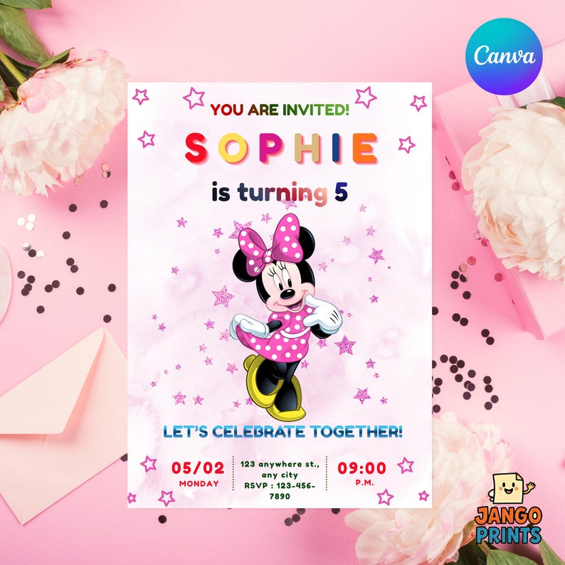 Editable Minnie Mouse Birthday Invitation | Canva Template (digital ...
