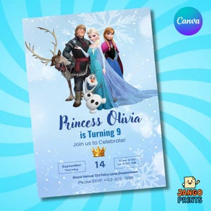 Pode incluir: Um cartão de convite azul claro com personagens do filme Frozen. O cartão diz "Princess Olivia is Turning 9" e inclui detalhes do evento. O design incorpora flocos de neve e uma coroa, com os logotipos Canva e Jango Prints.