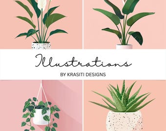 Blush Pink Potted Plant Art Prints Set of 8 | Modern Botanical Illustration (Digital Download)