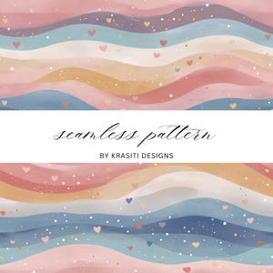 May include: Watercolor seamless pattern with wavy stripes in pastel colors of pink, blue, and gold. Small heart shapes and white dots are scattered across the design. The text "seamless pattern" and "BY KRASITI DESIGNS" are displayed in a white banner.
