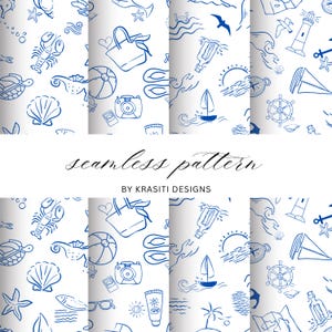 Könnte beinhalten: Ein nahtloses Musterdesign mit blauen Strichzeichnungen von Strandmotiven, wie Muscheln, Segelbooten und Strandtaschen, auf weißem Hintergrund. Der Text "seamless pattern" ist ebenfalls enthalten.