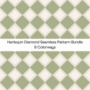 Puede incluir: Un patrón de rombos de arlequín sin costuras con cuadrados alternos en verde salvia y crema. Una franja horizontal blanca en el centro muestra el texto negro: Harlequin Diamond Seamless Pattern Bundle 6 Colorways.