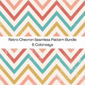 May include: A retro chevron seamless pattern bundle with six colorways. The design features a repeating zigzag pattern in shades of red, teal, gold, and peach on a cream background. The text "Retro Chevron Seamless Pattern Bundle 6 Colorways" is displayed.
