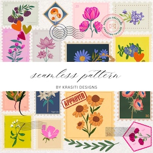 May include: A seamless pattern design featuring various floral illustrations on postage stamp-style backgrounds. The stamps showcase flowers, berries, and botanical elements in shades of pink, orange, and blue. The text "seamless pattern" is also visible.