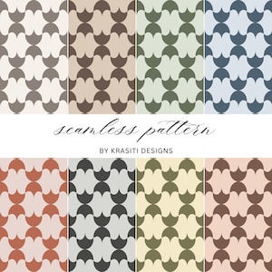 Può includere: Otto motivi senza cuciture con un design ad arco ripetuto in varie combinazioni di colori. I motivi presentano sfumature di grigio, marrone, verde, blu e pesca. È presente anche il testo "seamless pattern" e "BY KRASITI DESIGNS".