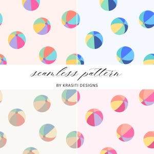 Puede incluir: Un diseño de patrón sin costuras con coloridas pelotas de playa sobre varios fondos pastel. Las pelotas de playa están segmentadas con tonos de rosa, azul, amarillo y naranja. También está presente el texto "seamless pattern" y "BY KRASITI DESIGNS".