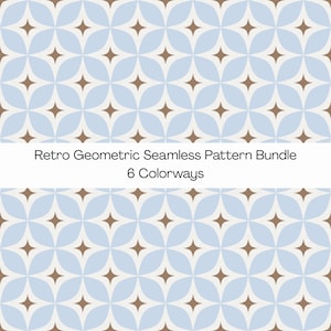 May include: A seamless retro geometric pattern in light blue, brown, and off-white. The design features a repeating pattern of four-petal flower shapes with star-like centres. The text reads "Retro Geometric Seamless Pattern Bundle 6 Colorways."