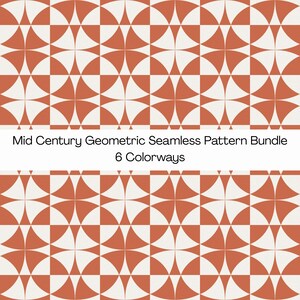 Puede incluir: Un patrón geométrico continuo con formas curvas repetitivas en color naranja terracota y blanco roto. El texto Mid Century Geometric Seamless Pattern Bundle 6 Colorways está centrado horizontalmente en el medio de la imagen.