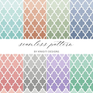 May include: Eight seamless patterns in pastel shades such as teal, peach, green, and purple. Each pattern displays a white quatrefoil design. The image also includes the text "seamless pattern" and "BY KRASITI DESIGNS".