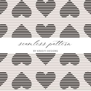 May include: A seamless pattern featuring black and white striped hearts and other shapes on a light gray background. The text "seamless pattern" and "BY KRASITI DESIGNS" are also present.